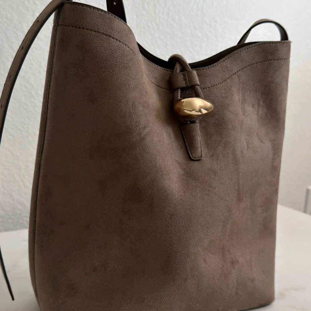 Khaki Suede Bucket Bag with Gold Accent - Picture 1 of 3